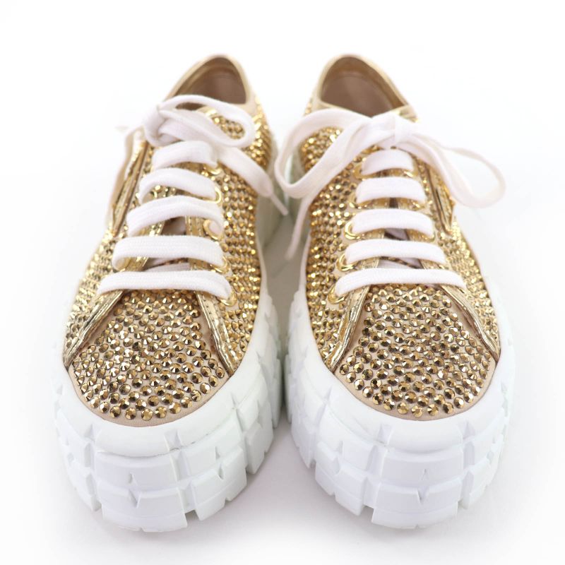 Prada Double Wheel Triangle Logo with Rhinestone Leather Low Cut Sneakers Gold
