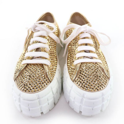 Prada Double Wheel Triangle Logo with Rhinestone Leather Low Cut Sneakers Gold