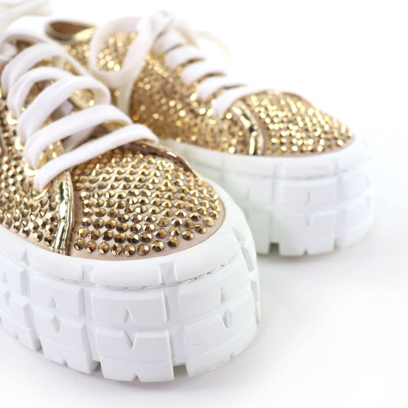 Prada Double Wheel Triangle Logo with Rhinestone Leather Low Cut Sneakers Gold