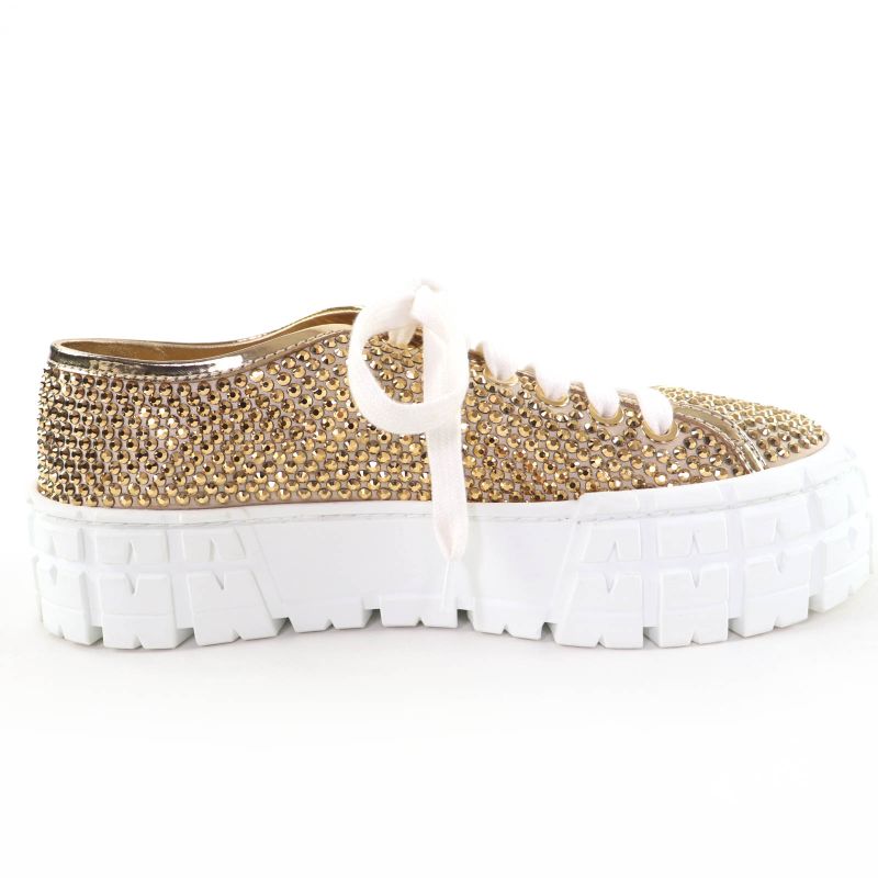 Prada Double Wheel Triangle Logo with Rhinestone Leather Low Cut Sneakers Gold