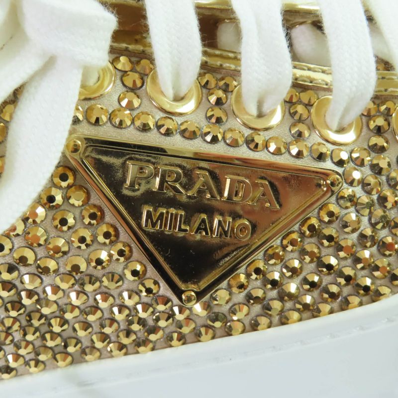 Prada Double Wheel Triangle Logo with Rhinestone Leather Low Cut Sneakers Gold
