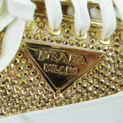 Prada Double Wheel Triangle Logo with Rhinestone Leather Low Cut Sneakers Gold