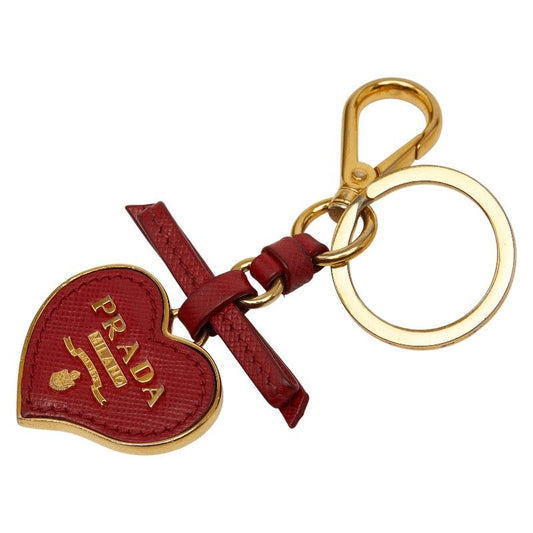 Prada Logo Heart Motif Ribbon Charm Key Ring Key Holder Gold Red Plated Leather