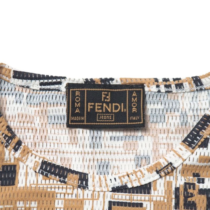 Fendi Vintage Short Sleeve T-Shirt 40 Mesh Allover Pattern Top Beige X Dark Gray X White