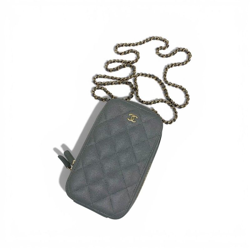 Chanel Shoulder Bag Gray Gold CC Logo Quilted Phone Case Mobile Pouch