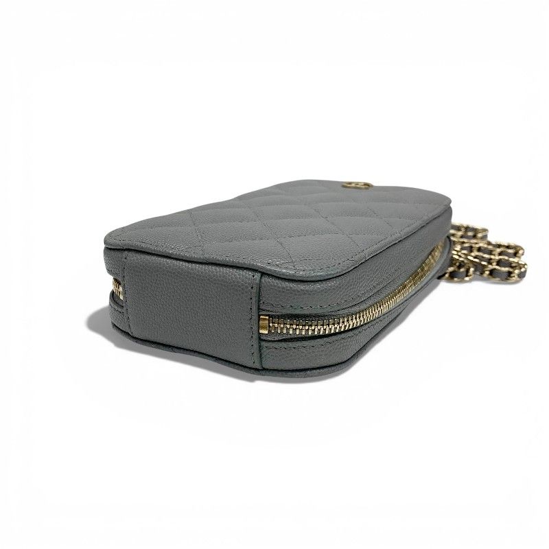 Chanel Shoulder Bag Gray Gold CC Logo Quilted Phone Case Mobile Pouch