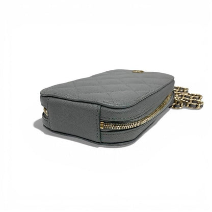 Chanel Shoulder Bag Gray Gold CC Logo Quilted Phone Case Mobile Pouch