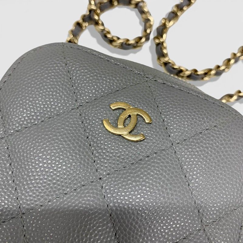 Chanel Shoulder Bag Gray Gold CC Logo Quilted Phone Case Mobile Pouch