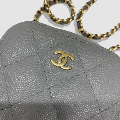 Chanel Shoulder Bag Gray Gold CC Logo Quilted Phone Case Mobile Pouch
