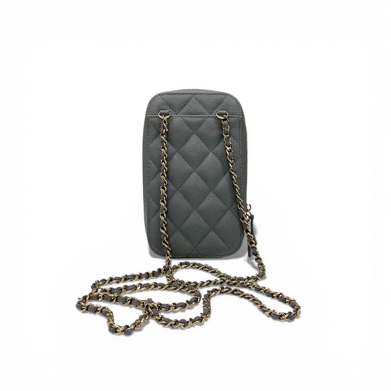 Chanel Shoulder Bag Gray Gold CC Logo Quilted Phone Case Mobile Pouch