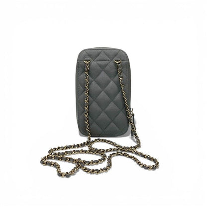 Chanel Shoulder Bag Gray Gold CC Logo Quilted Phone Case Mobile Pouch