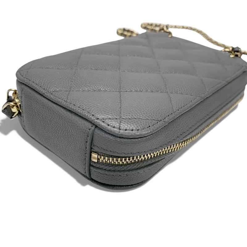 Chanel Shoulder Bag Gray Gold CC Logo Quilted Phone Case Mobile Pouch