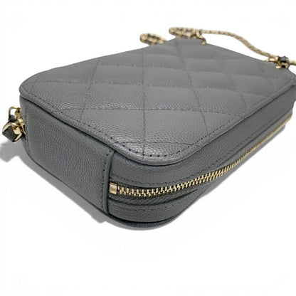 Chanel Shoulder Bag Gray Gold CC Logo Quilted Phone Case Mobile Pouch