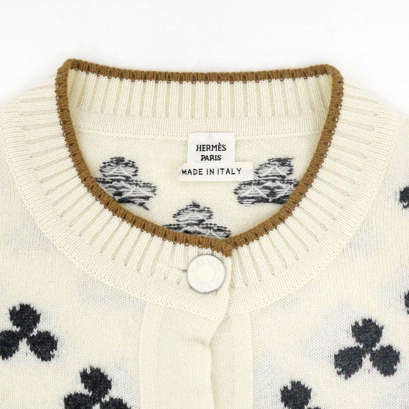 Hermes Clover Cardigan Ivory 36 Cashmere Knit Long Sleeve