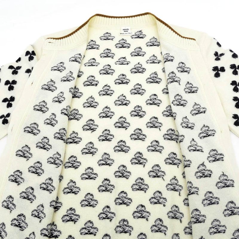 Hermes Clover Cardigan Ivory 36 Cashmere Knit Long Sleeve