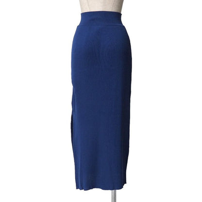Celine Vintage Skirt Set 40 Ensemble Rib Knit Contrast Blue-etc.