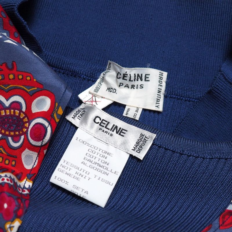 Celine Vintage Skirt Set 40 Ensemble Rib Knit Contrast Blue-etc.