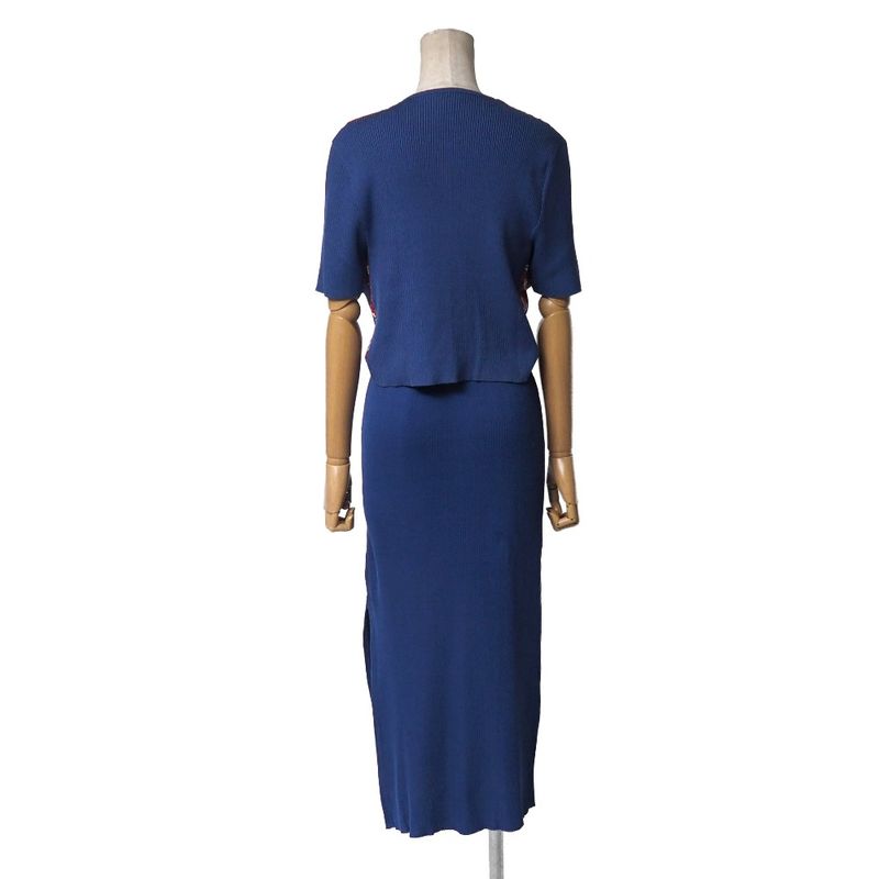 Celine Vintage Skirt Set 40 Ensemble Rib Knit Contrast Blue-etc.