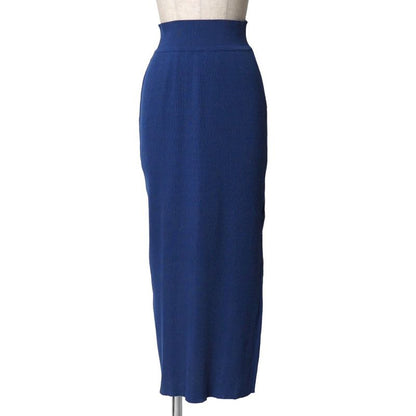 Celine Vintage Skirt Set 40 Ensemble Rib Knit Contrast Blue-etc.