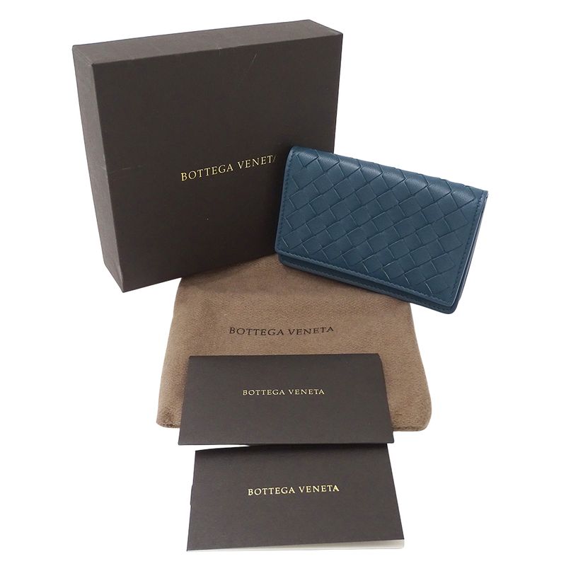 Bottega Veneta Card Case Intrecciato Leather Blue Business