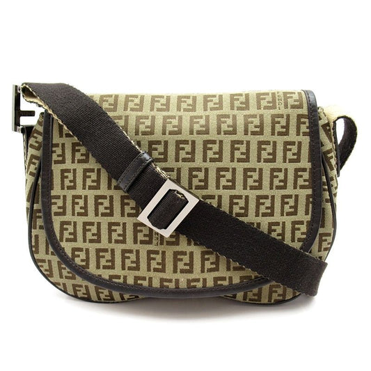 Fendi Zucchino Shoulder Bag Canvas Leather Beige