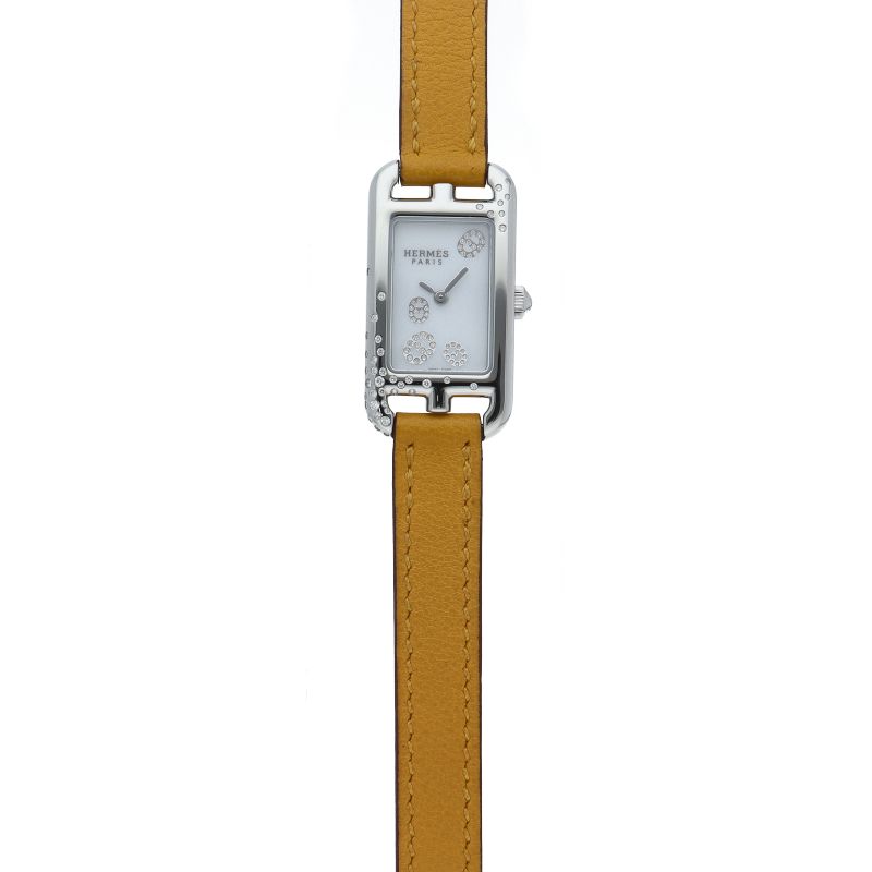 Hermes Nantucket Watch PM Diamond Bezel Box SS Leather