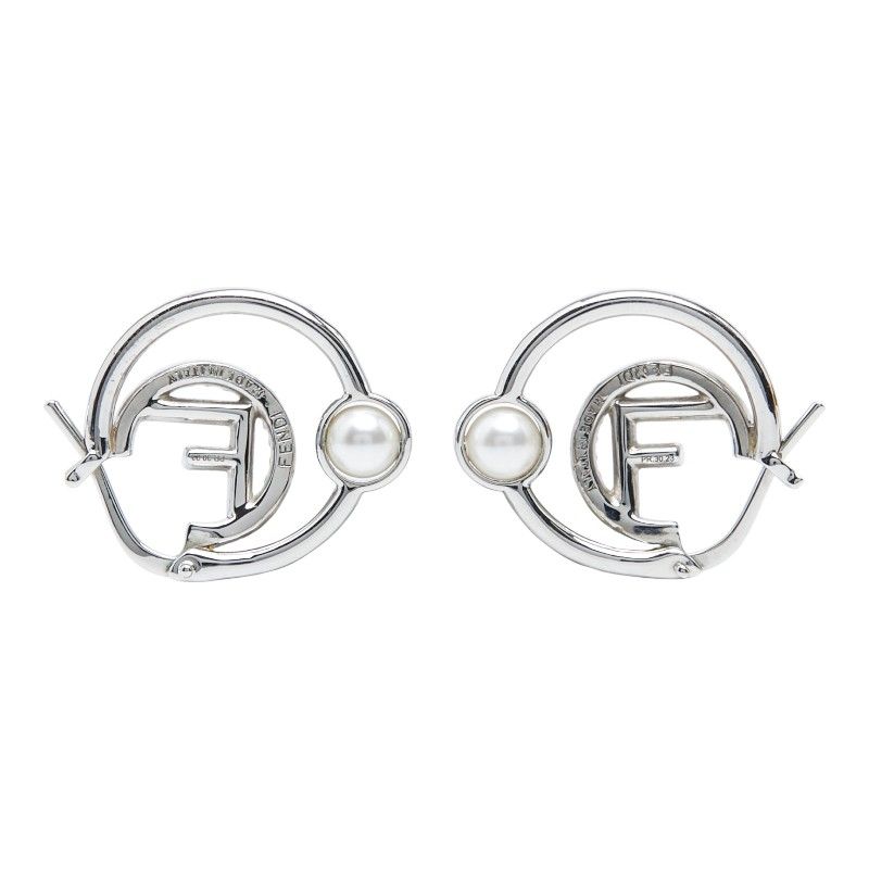 Fendi F's Hoop Earrings Silver Brass Pearl Zircon