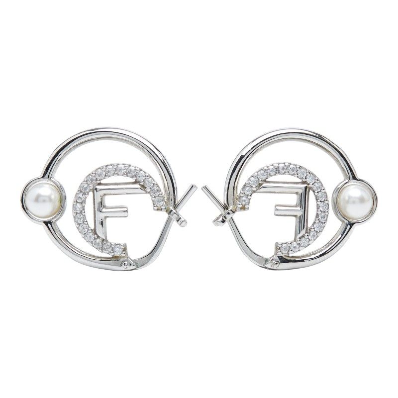 Fendi F's Hoop Earrings Silver Brass Pearl Zircon