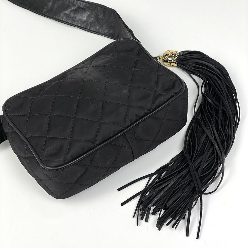 Chanel CC Logo Fringe Shoulder Bag Tassel Quilted Fabric Black