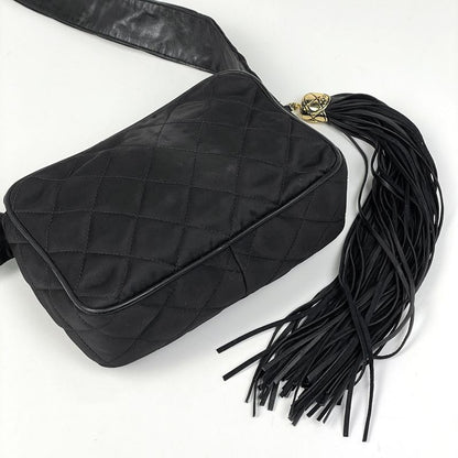 Chanel CC Logo Fringe Shoulder Bag Tassel Quilted Fabric Black