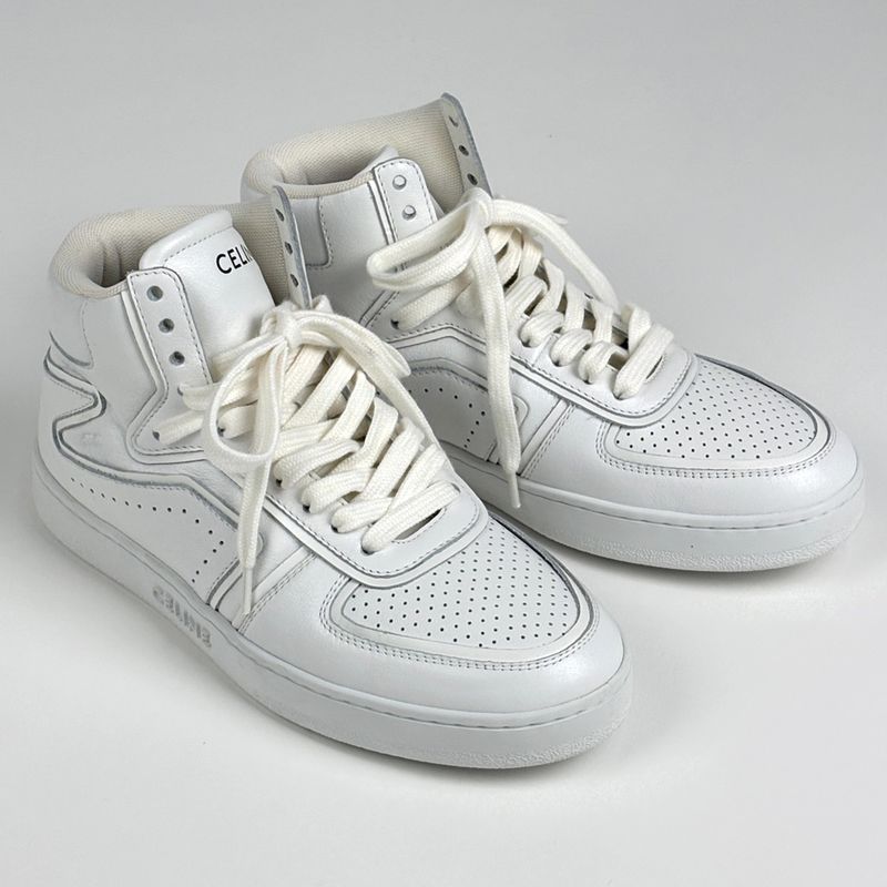 Celine CT 01 Lace Up High Cut Sneakers Logo Shoes Leather White
