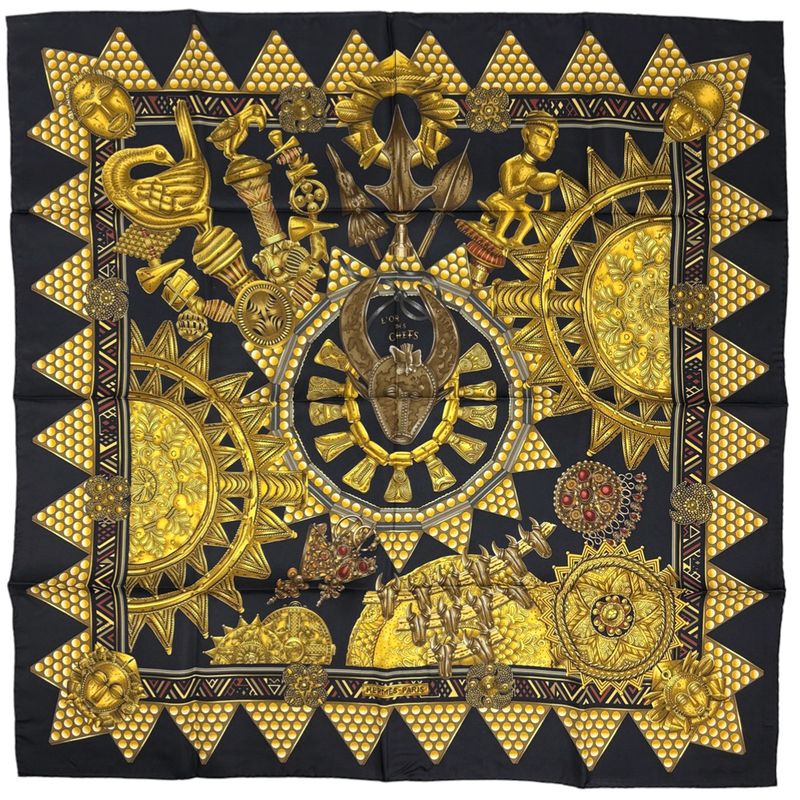 Hermes Carre 90 L'Or Des Chefs Chiefs' Gold Scarf Silk Black Yellow