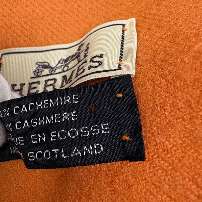 Hermes Logo Scarf Fringe Cashmere Orange