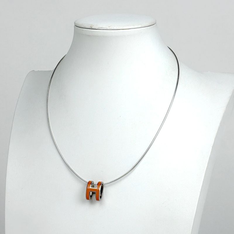 Hermes Pop Necklace Logo Metal Silver Orange