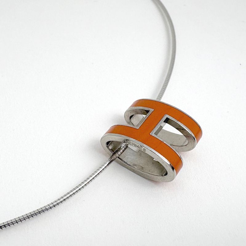 Hermes Pop Necklace Logo Metal Silver Orange