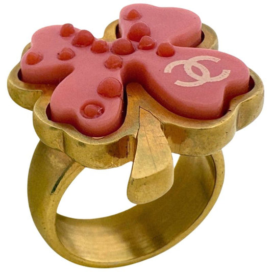 Chanel CC Logo Ring CC Clover Gold Plated Pink