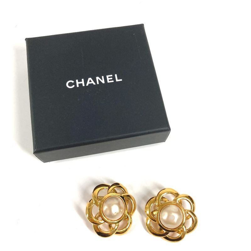 Chanel Earrings Faux Pearl Flower Metal Gold