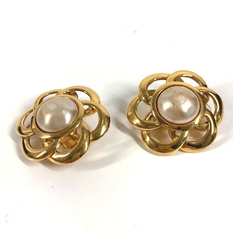 Chanel Earrings Faux Pearl Flower Metal Gold