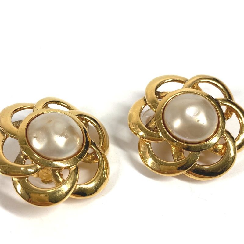 Chanel Earrings Faux Pearl Flower Metal Gold