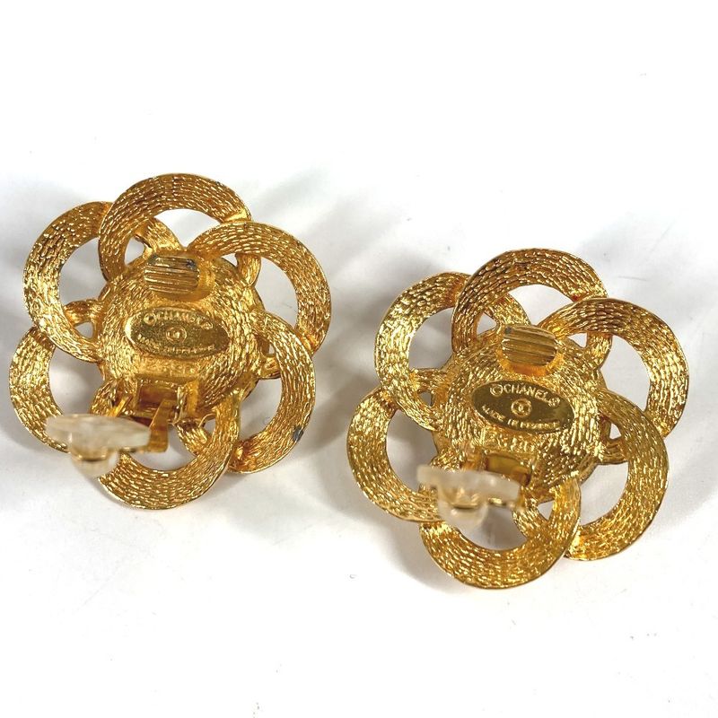 Chanel Earrings Faux Pearl Flower Metal Gold