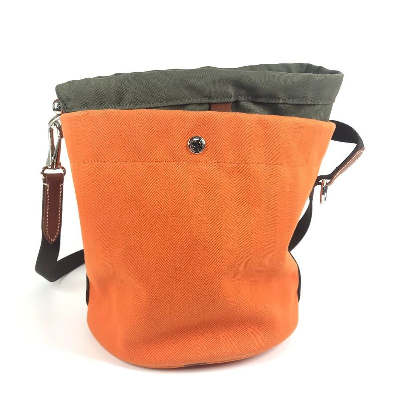 Hermes Shoulder Bag Sac Dopant Sage Bucket Shape Cotton Orange