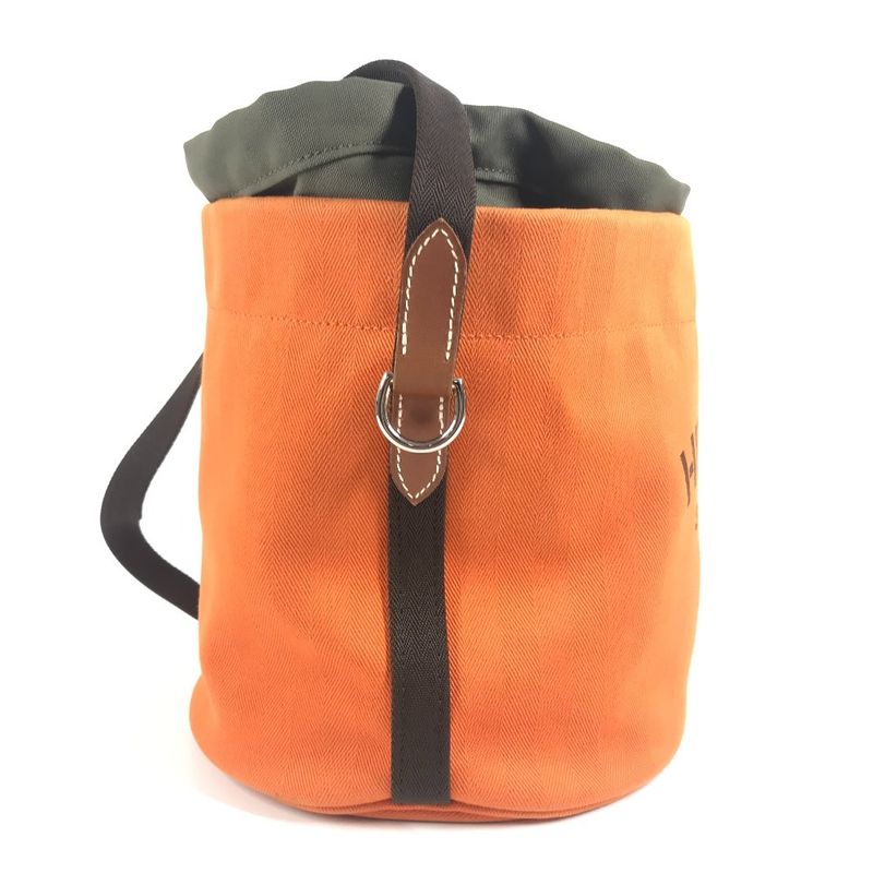 Hermes Shoulder Bag Sac Dopant Sage Bucket Shape Cotton Orange