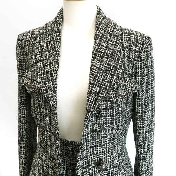 Chanel Tweed Set Mixed 34 Black Silver Skirt Jacket