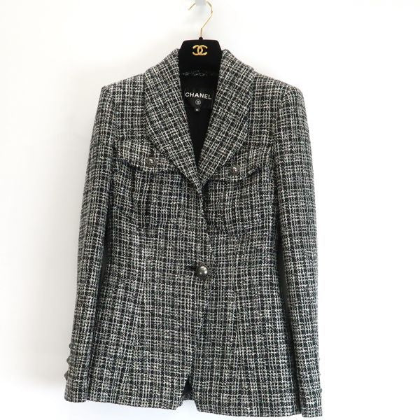 Chanel Tweed Set Mixed 34 Black Silver Skirt Jacket