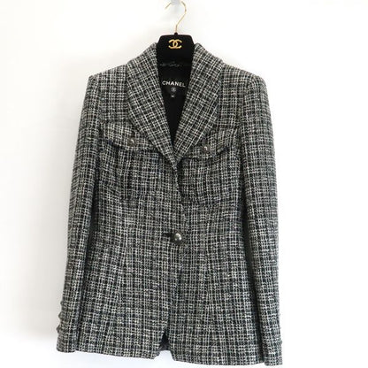 Chanel Tweed Set Mixed 34 Black Silver Skirt Jacket