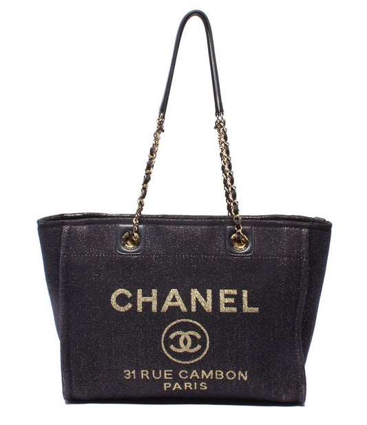Chanel Tote Shoulder Gold Mixed Fiber Deauville MM