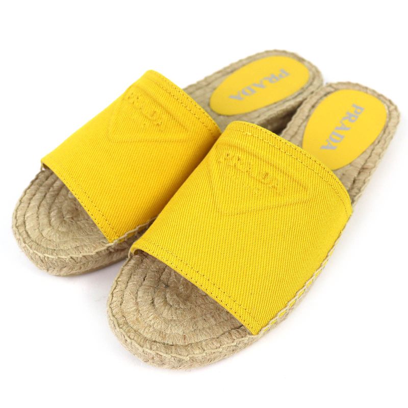 Prada Triangle Logo Canvas Espadrilles Flat Sandals Yellow 37
