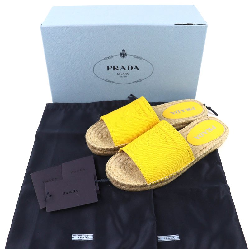 Prada Triangle Logo Canvas Espadrilles Flat Sandals Yellow 37