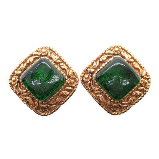 Chanel Vintage Gripoix Earrings Costume Gold Green