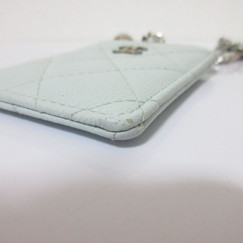 Chanel Caviar Leather Quilted Key Ring Chain Pass Case Light Blue